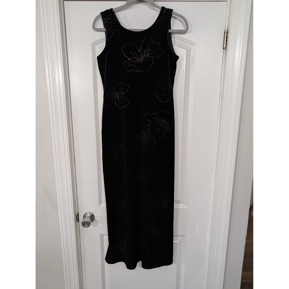 Vintage Black Velvet Floral Maxi slip Dress Size 8 whimsigoth‎ fairy acadamia